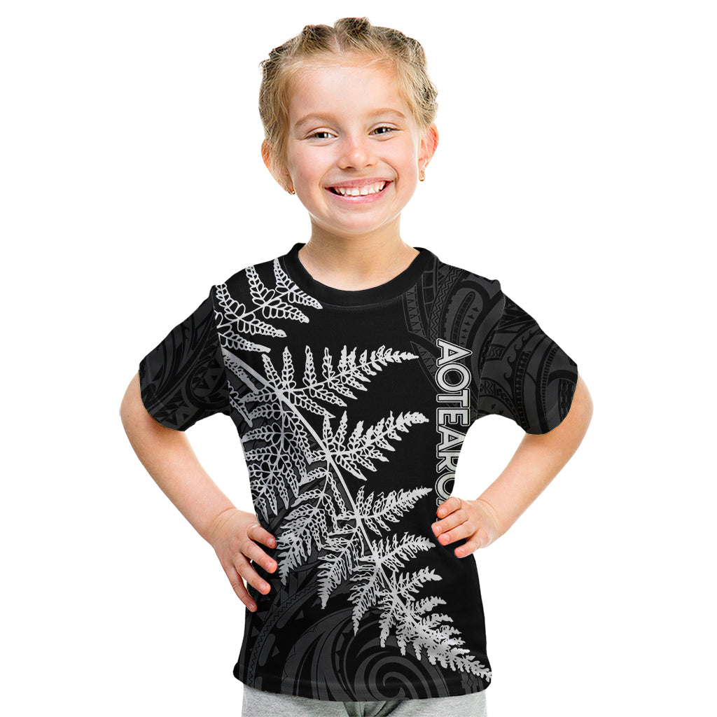 Personalised New Zealand Rugby Kid T Shirt World Cup 2023 Silver Fern Champions LT7 Black - Polynesian Pride