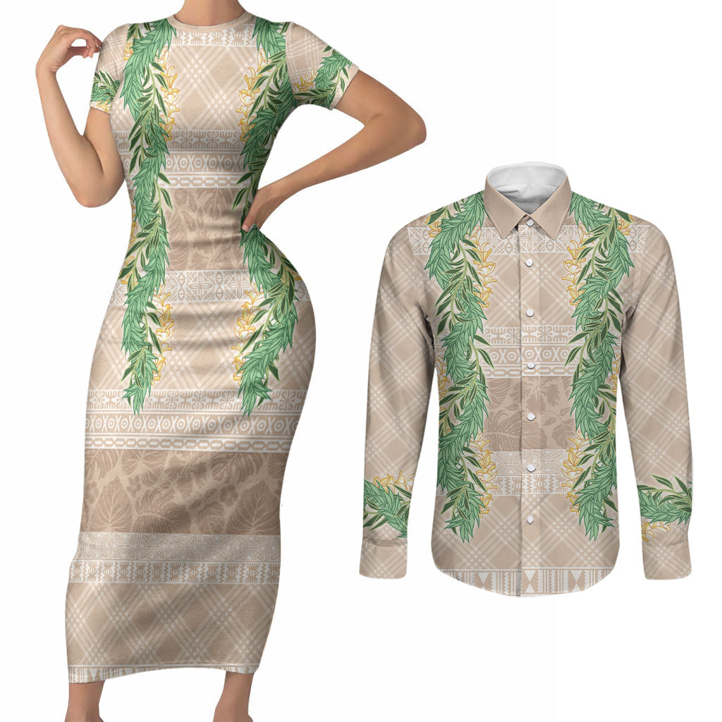 Hawai'i Paniolo Maile Twisted Lei Couples Matching Short Sleeve Bodycon Dress and Long Sleeve Button Shirt Almond Brown LT7 Brown - Polynesian Pride