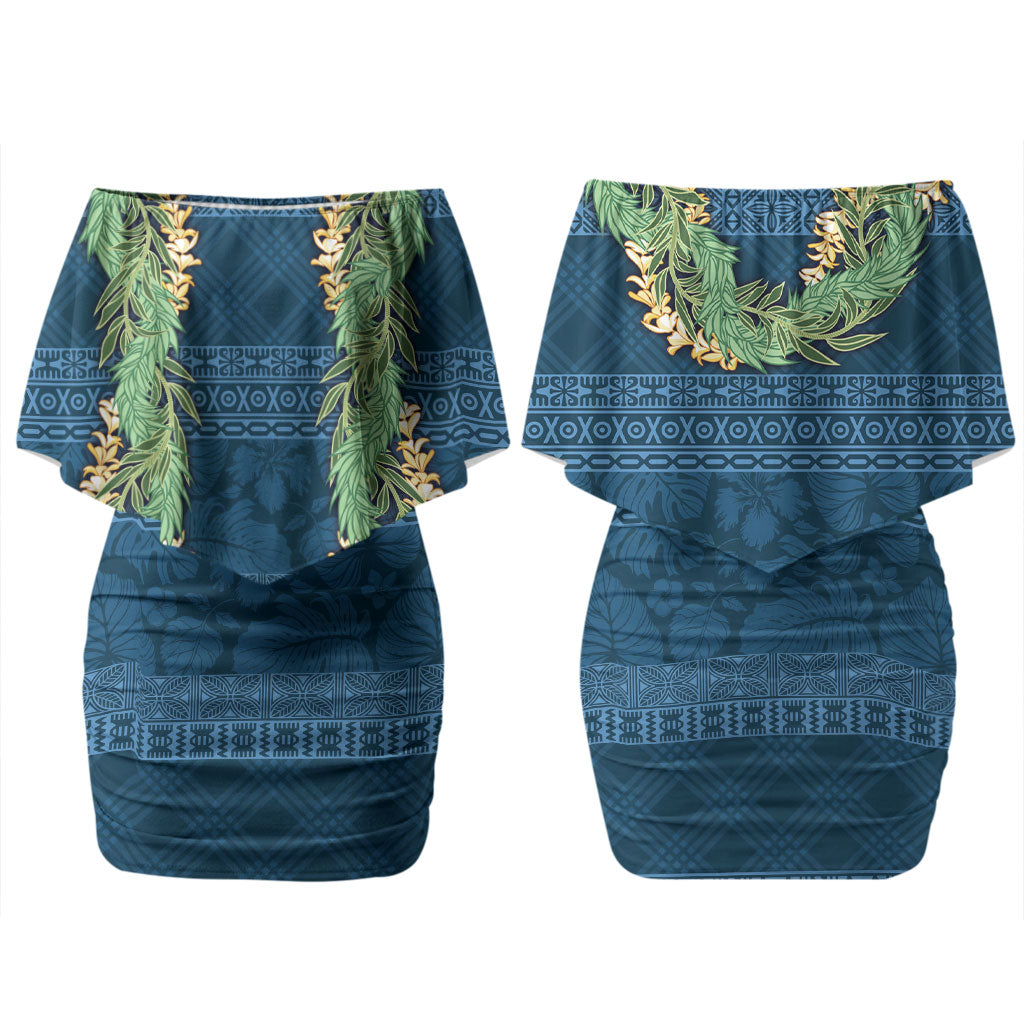 Hawai'i Paniolo Maile Twisted Lei Couples Matching Off Shoulder Short Dress and Long Sleeve Button Shirt Cobalt Blue LT7 - Polynesian Pride