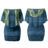 Hawai'i Paniolo Maile Twisted Lei Couples Matching Off Shoulder Short Dress and Long Sleeve Button Shirt Cobalt Blue LT7 - Polynesian Pride