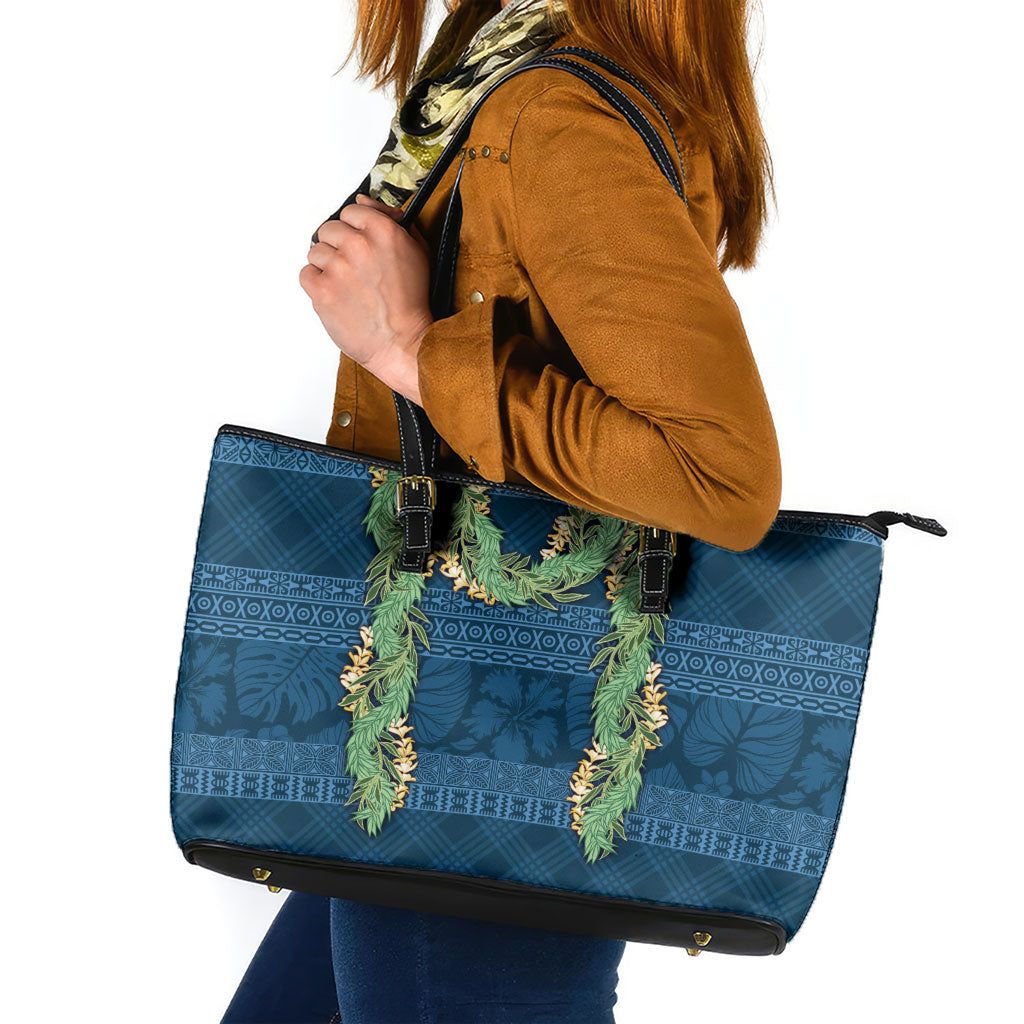 Hawai'i Paniolo Maile Twisted Lei Leather Tote Bag Cobalt Blue