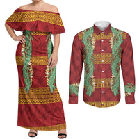 Hawai'i Paniolo Maile Twisted Lei Couples Matching Off Shoulder Maxi Dress and Long Sleeve Button Shirt Hilo Royal Red LT7 Red - Polynesian Pride