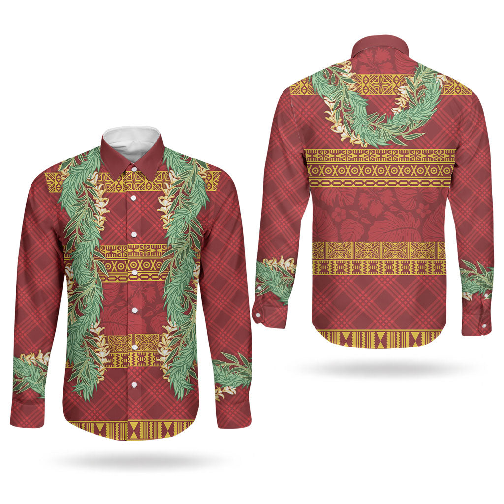 Hawai'i Paniolo Maile Twisted Lei Couples Matching Off Shoulder Maxi Dress and Long Sleeve Button Shirt Hilo Royal Red LT7 - Polynesian Pride