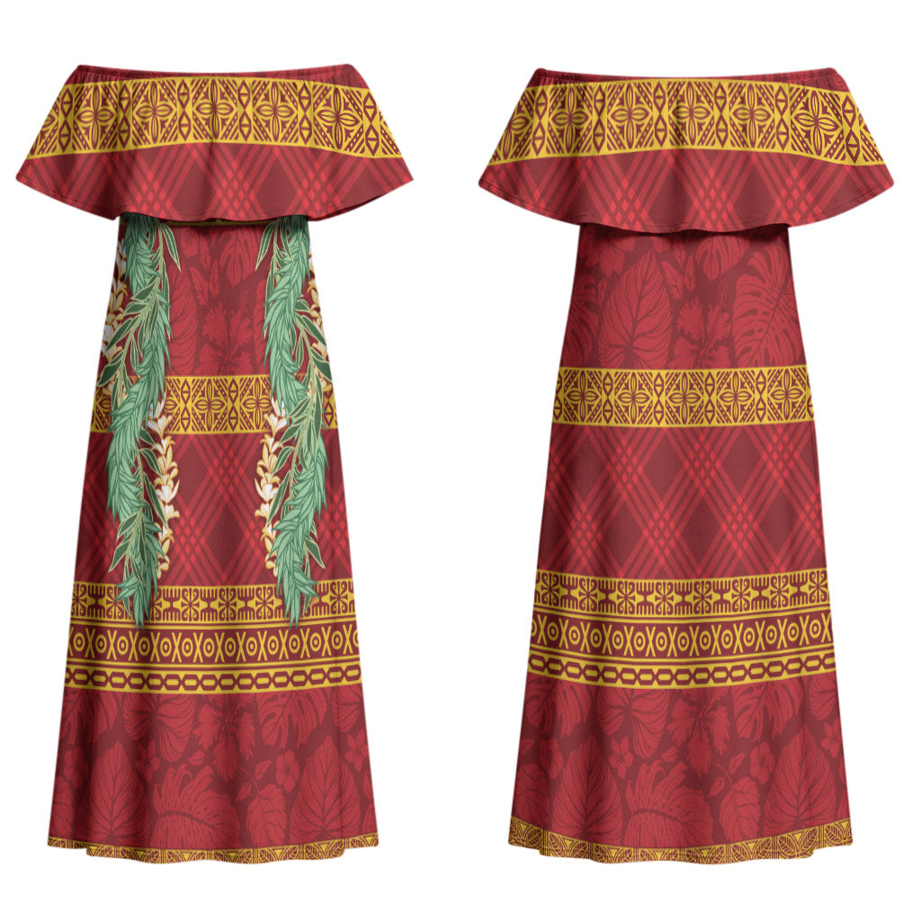 Hawai'i Paniolo Maile Twisted Lei Couples Matching Off Shoulder Maxi Dress and Long Sleeve Button Shirt Hilo Royal Red LT7 - Polynesian Pride