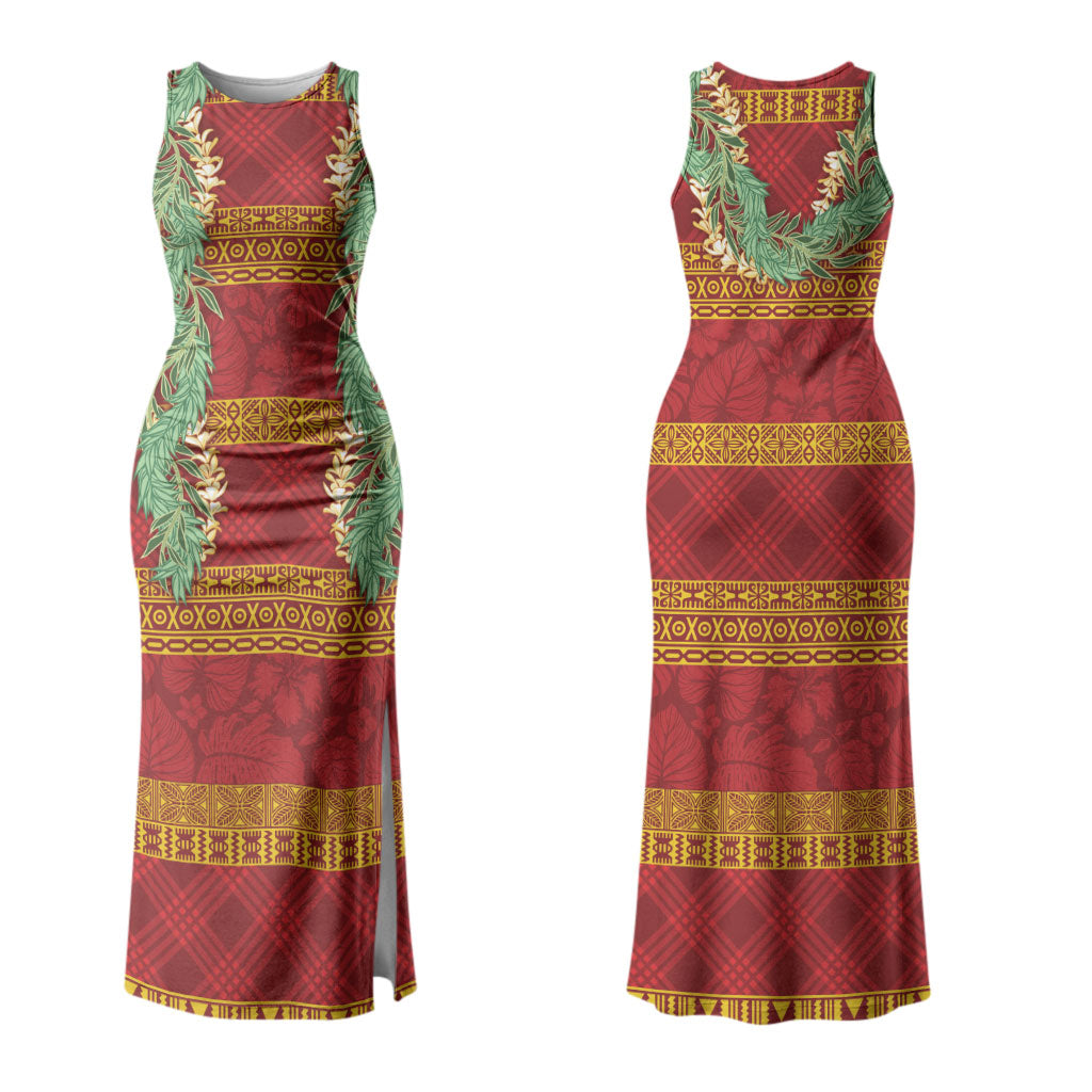 Hawai'i Paniolo Maile Twisted Lei Couples Matching Tank Maxi Dress and Long Sleeve Button Shirt Hilo Royal Red LT7 - Polynesian Pride