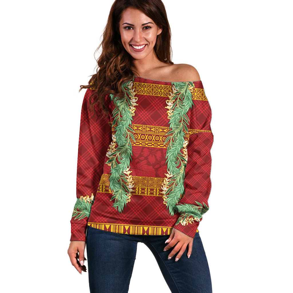 Hawai'i Paniolo Maile Twisted Lei Off Shoulder Sweater Hilo Royal Red
