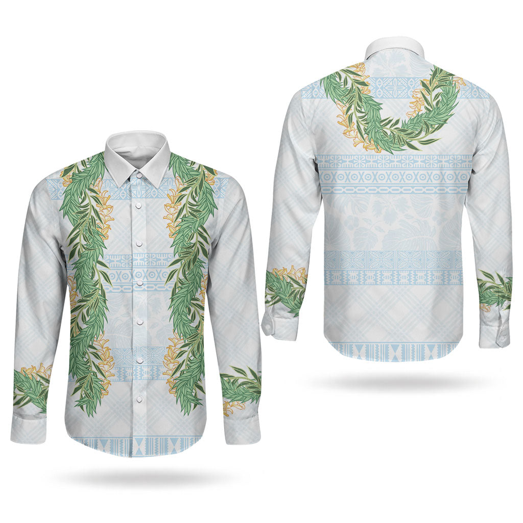 Hawai'i Paniolo Maile Twisted Lei Couples Matching Off Shoulder Maxi Dress and Long Sleeve Button Shirt Winter White LT7 - Polynesian Pride