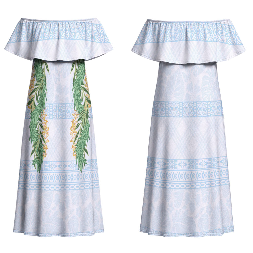 Hawai'i Paniolo Maile Twisted Lei Couples Matching Off Shoulder Maxi Dress and Long Sleeve Button Shirt Winter White LT7 - Polynesian Pride