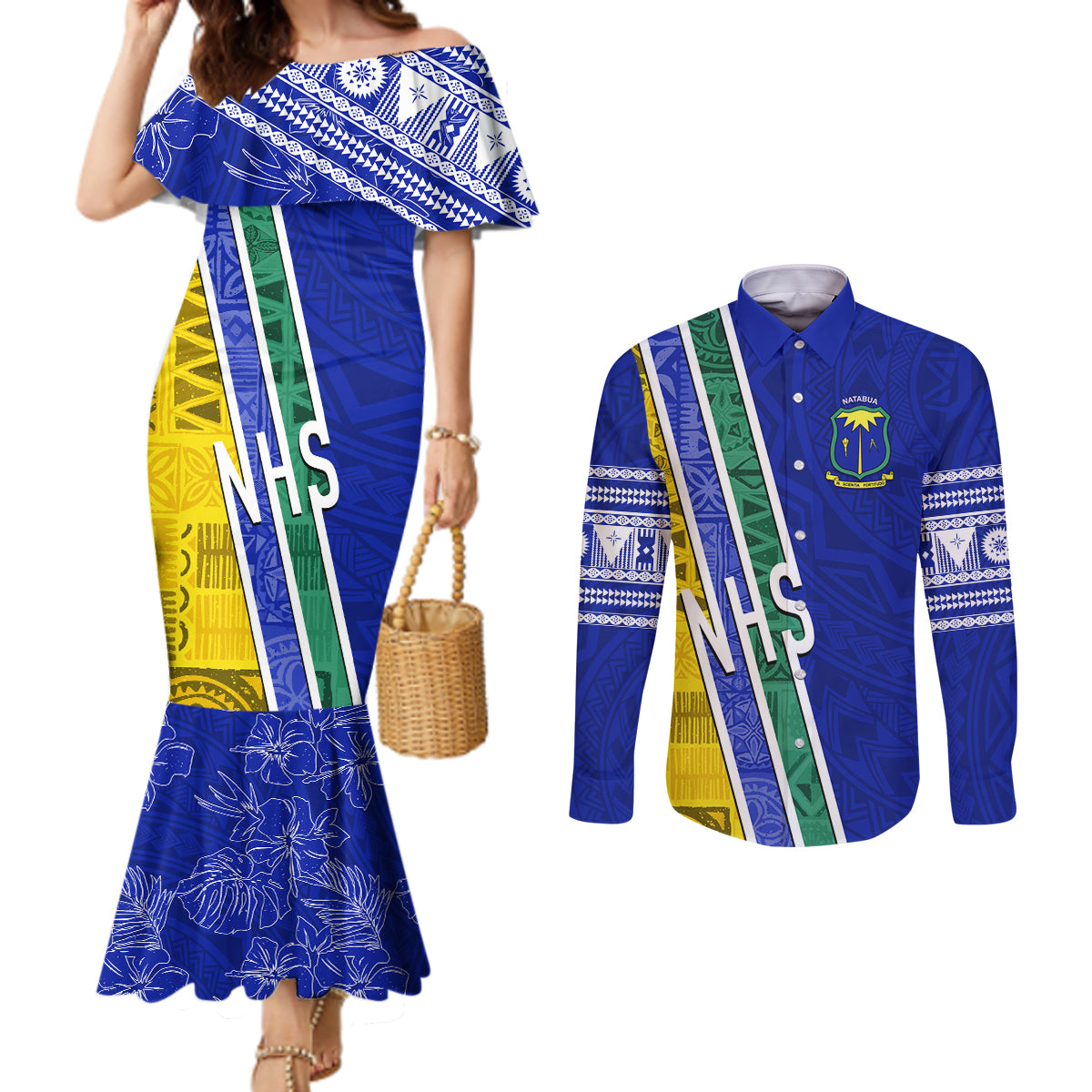 Personalised Fiji Natabua High School Couples Matching Mermaid Dress and Long Sleeve Button Shirts Kaviti Tapa Mix Colors Proud NHS LT7 Blue - Polynesian Pride