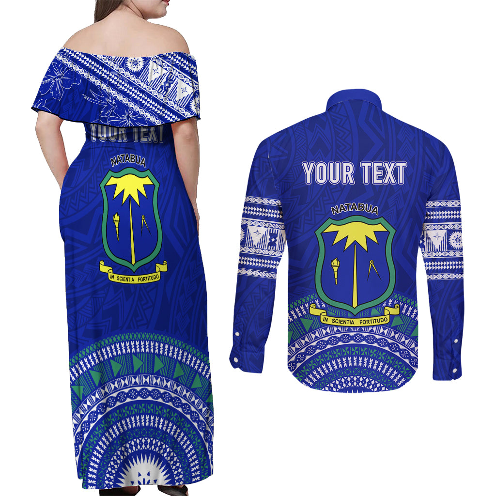 Personalised Fiji Natabua High School Couples Matching Off Shoulder Maxi Dress and Long Sleeve Button Shirts Kaviti Tapa Mix Colors Proud NHS LT7 - Polynesian Pride
