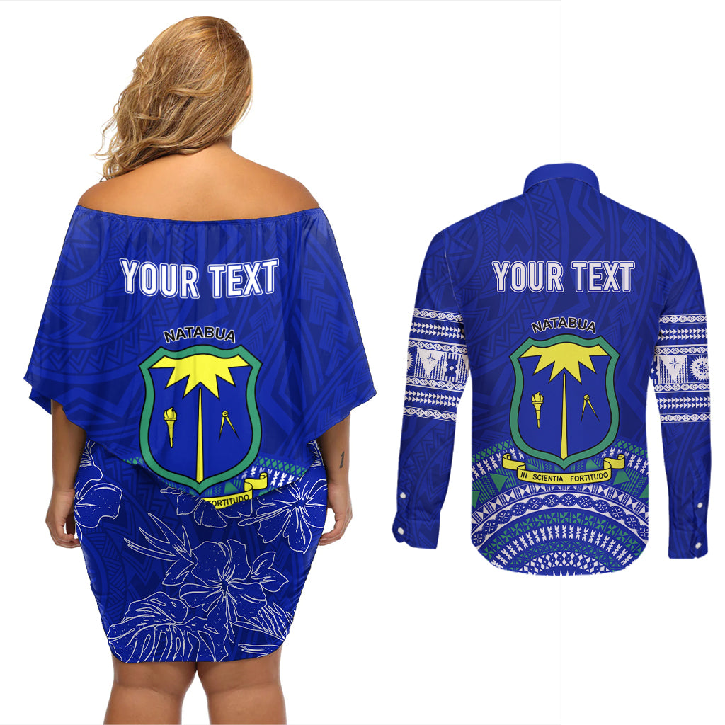 Personalised Fiji Natabua High School Couples Matching Off Shoulder Short Dress and Long Sleeve Button Shirts Kaviti Tapa Mix Colors Proud NHS LT7 - Polynesian Pride