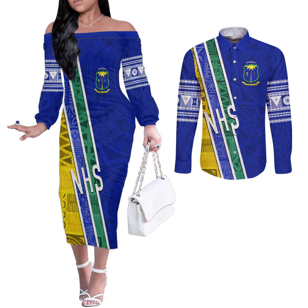 Personalised Fiji Natabua High School Couples Matching Off The Shoulder Long Sleeve Dress and Long Sleeve Button Shirts Kaviti Tapa Mix Colors Proud NHS LT7 Blue - Polynesian Pride