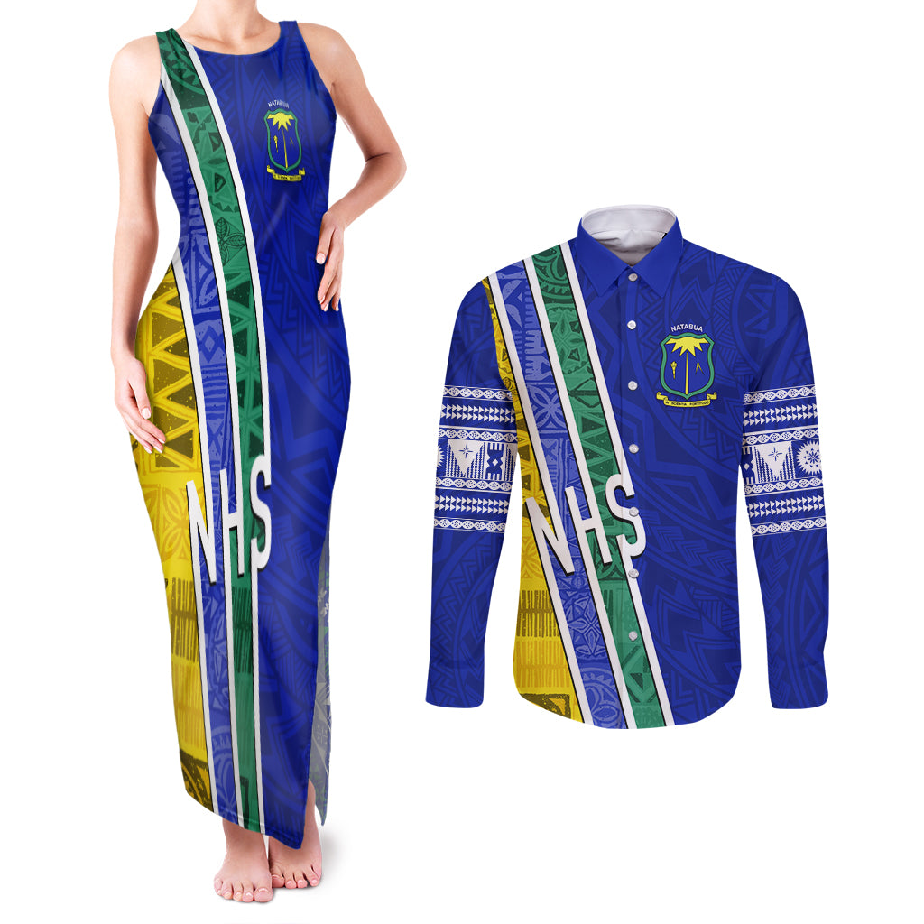 Personalised Fiji Natabua High School Couples Matching Tank Maxi Dress and Long Sleeve Button Shirts Kaviti Tapa Mix Colors Proud NHS LT7 Blue - Polynesian Pride