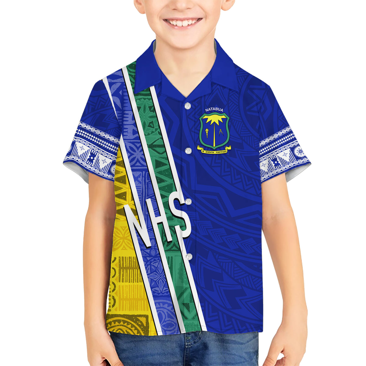 Personalised Fiji Natabua High School Kid Hawaiian Shirt Kaviti Tapa Mix Colors Proud NHS LT7 Kid Blue - Polynesian Pride