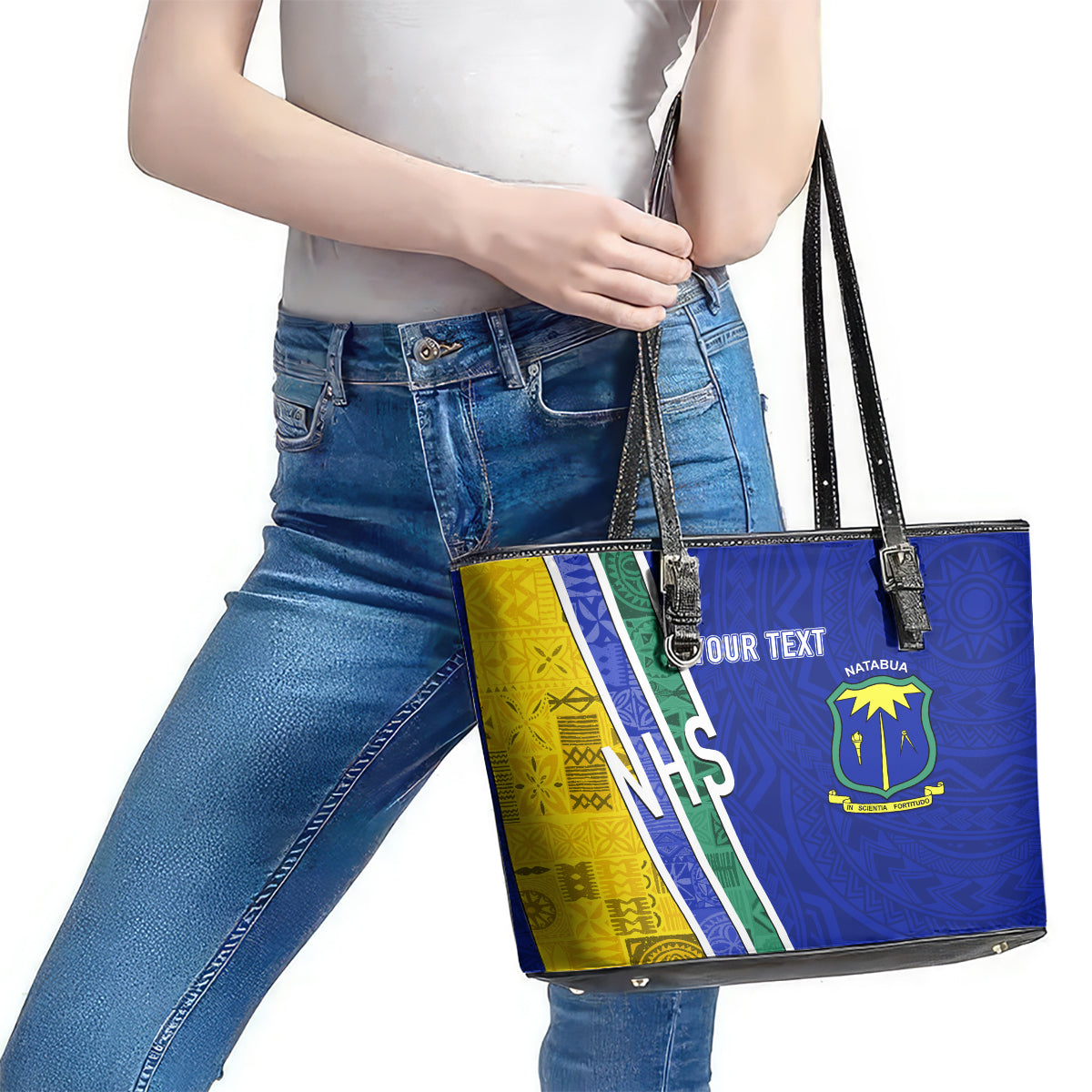 Personalised Fiji Natabua High School Leather Tote Bag Kaviti Tapa Mix Colors Proud NHS LT7 - Polynesian Pride