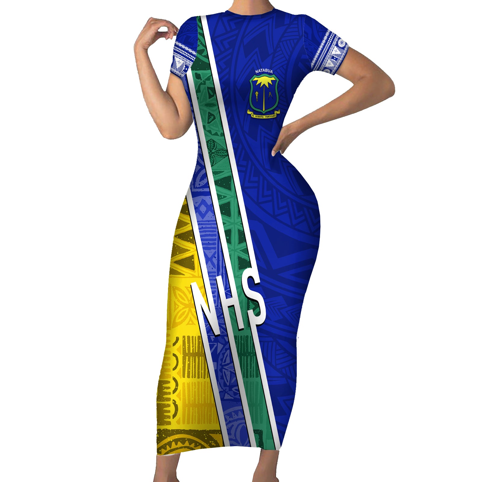 Personalised Fiji Natabua High School Short Sleeve Bodycon Dress Kaviti Tapa Mix Colors Proud NHS LT7 Long Dress Blue - Polynesian Pride