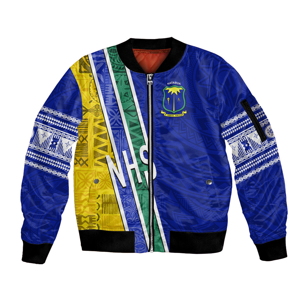 Personalised Fiji Natabua High School Sleeve Zip Bomber Jacket Kaviti Tapa Mix Colors Proud NHS LT7 Unisex Blue - Polynesian Pride