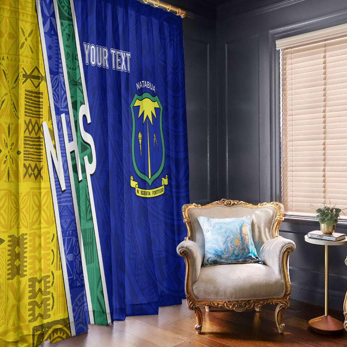 Personalised Fiji Natabua High School Window Curtain Kaviti Tapa Mix Colors Proud NHS LT7 Blue - Polynesian Pride