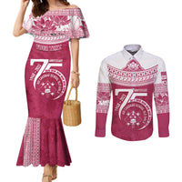Personalised Fiji Adi Cakobau School Couples Matching Mermaid Dress and Long Sleeve Button Shirts ACS Old Girls Lotus Mix Masi LT7 Crimson - Polynesian Pride