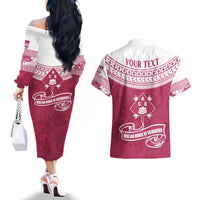 Personalised Fiji Adi Cakobau School Couples Matching Off The Shoulder Long Sleeve Dress and Hawaiian Shirt ACS Old Girls Lotus Mix Masi LT7 - Polynesian Pride