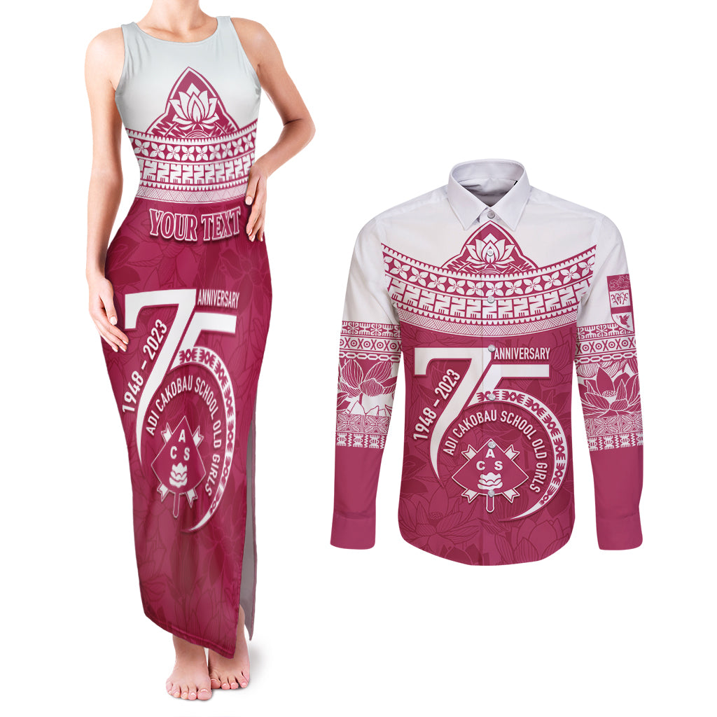 Personalised Fiji Adi Cakobau School Couples Matching Tank Maxi Dress and Long Sleeve Button Shirts ACS Old Girls Lotus Mix Masi LT7 Crimson - Polynesian Pride