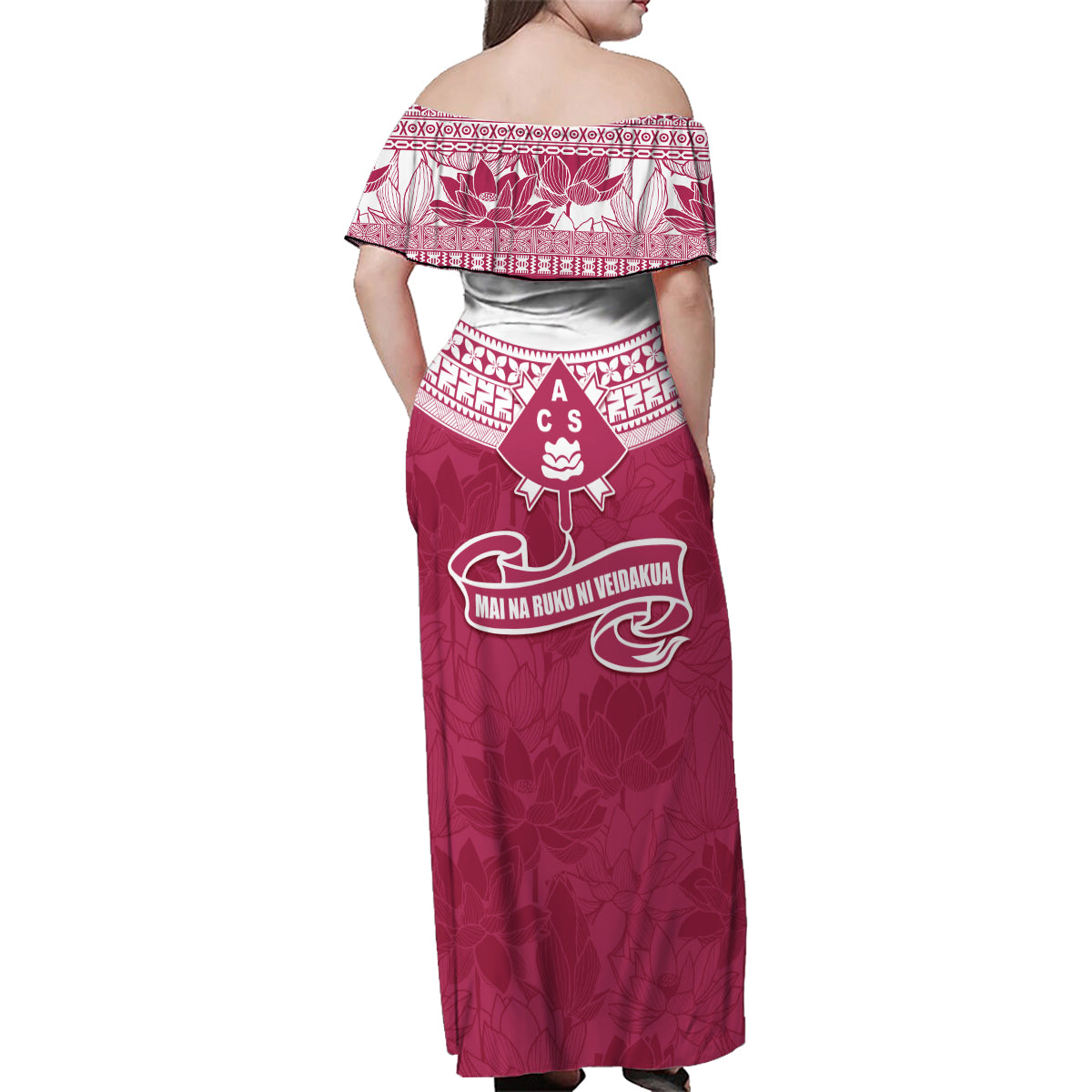 Personalised Fiji Adi Cakobau School Family Matching Off Shoulder Maxi Dress and Hawaiian Shirt ACS Old Girls Lotus Mix Masi LT7 - Polynesian Pride