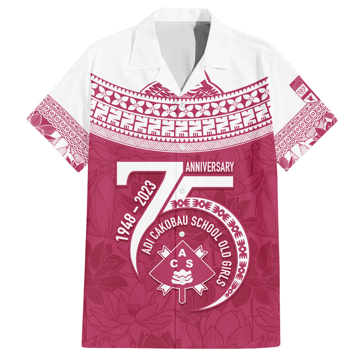 Personalised Fiji Adi Cakobau School Family Matching Off Shoulder Short Dress and Hawaiian Shirt ACS Old Girls Lotus Mix Masi LT7 Dad's Shirt - Short Sleeve Crimson - Polynesian Pride