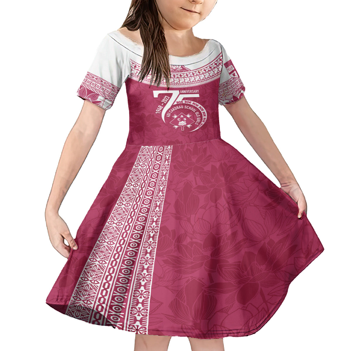 Personalised Fiji Adi Cakobau School Family Matching Puletasi Dress and Hawaiian Shirt ACS Old Girls Lotus Mix Masi LT7 Daughter's Dress Crimson - Polynesian Pride