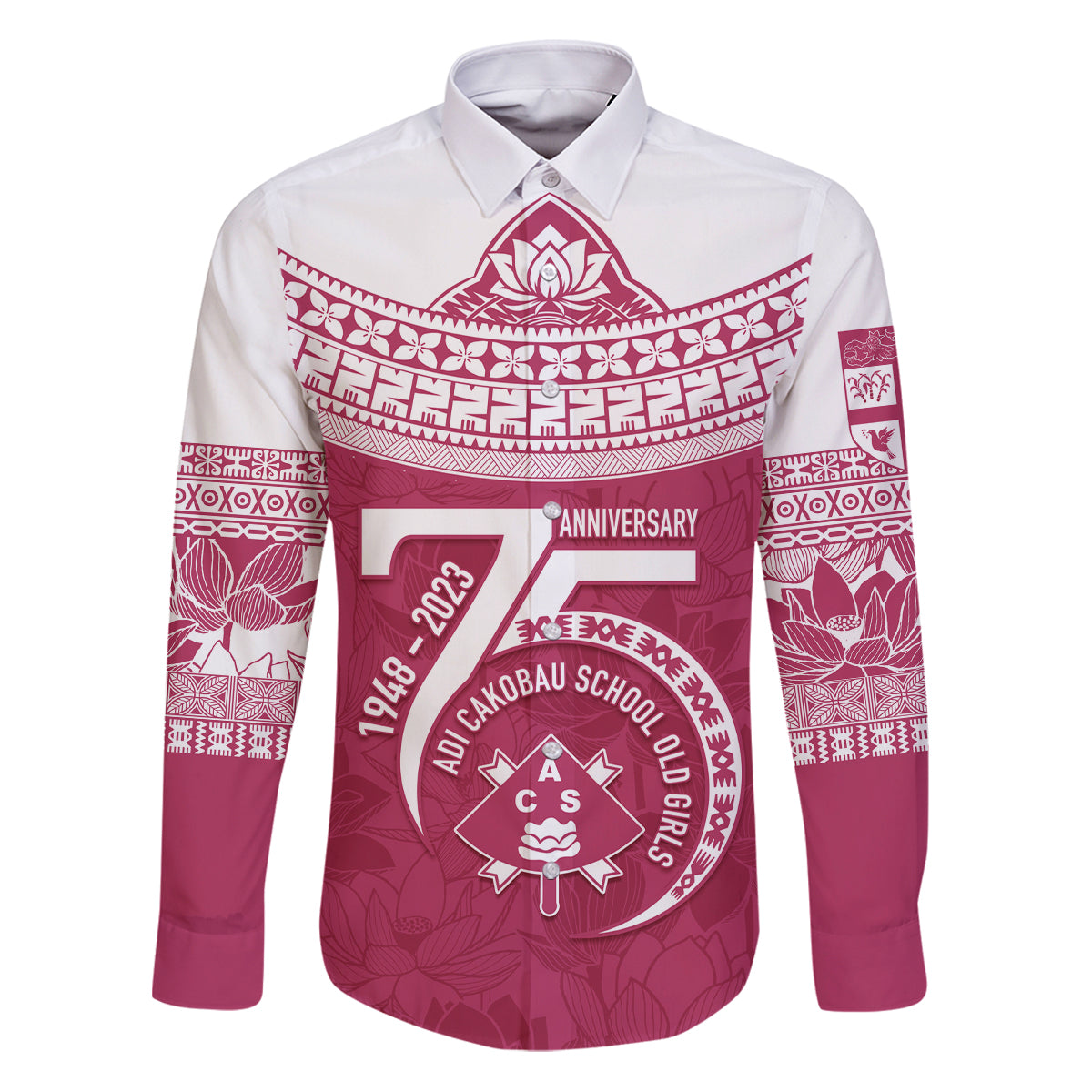 Personalised Fiji Adi Cakobau School Family Matching Puletasi Dress and Hawaiian Shirt ACS Old Girls Lotus Mix Masi LT7 Dad's Shirt - Long Sleeve Crimson - Polynesian Pride