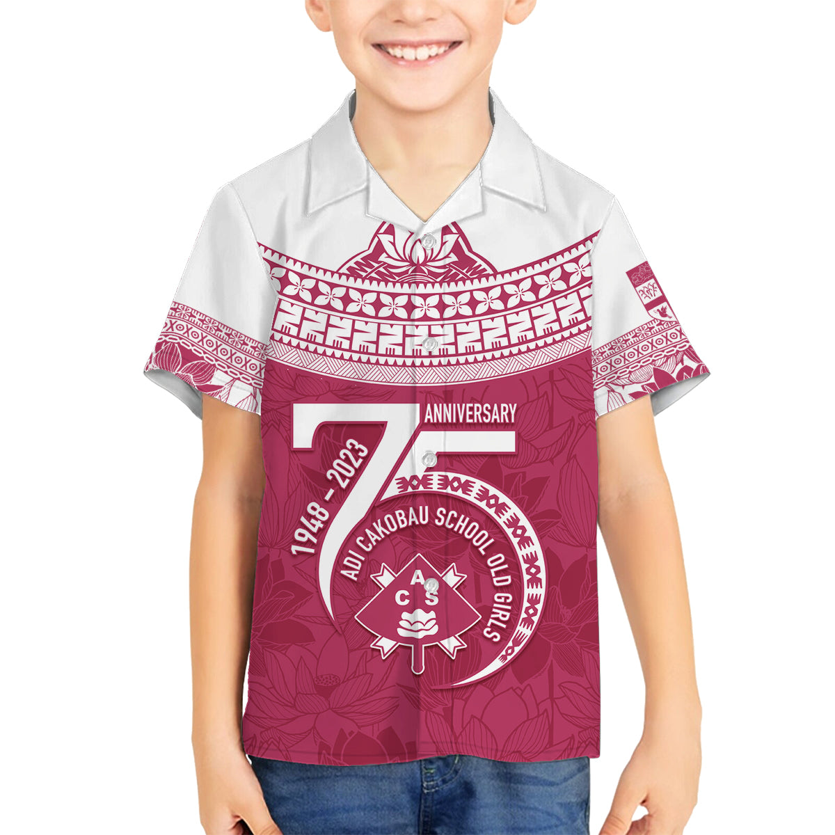 Personalised Fiji Adi Cakobau School Family Matching Puletasi Dress and Hawaiian Shirt ACS Old Girls Lotus Mix Masi LT7 Son's Shirt Crimson - Polynesian Pride