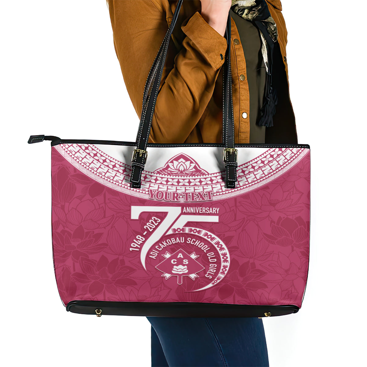 Personalised Fiji Adi Cakobau School Leather Tote Bag ACS Old Girls Lotus Mix Masi LT7 - Polynesian Pride