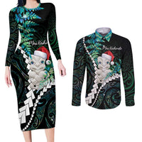 New Zealand Personalised Couples Matching Long Sleeve Bodycon Dress and Long Sleeve Button Shirt Meri Kirihimete Kowhaiwhai Mix Paua Shell - Emerald