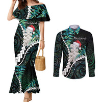 New Zealand Personalised Couples Matching Mermaid Dress and Long Sleeve Button Shirt Meri Kirihimete Kowhaiwhai Mix Paua Shell - Emerald