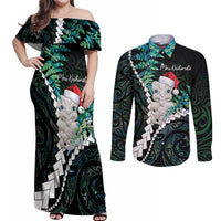 New Zealand Personalised Couples Matching Off Shoulder Maxi Dress and Long Sleeve Button Shirt Meri Kirihimete Kowhaiwhai Mix Paua Shell - Emerald