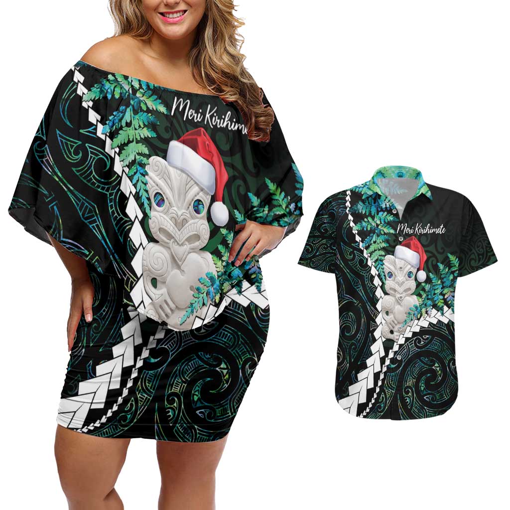 New Zealand Personalised Couples Matching Off Shoulder Short Dress and Hawaiian Shirt Meri Kirihimete Kowhaiwhai Mix Paua Shell - Emerald