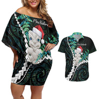 New Zealand Personalised Couples Matching Off Shoulder Short Dress and Hawaiian Shirt Meri Kirihimete Kowhaiwhai Mix Paua Shell - Emerald