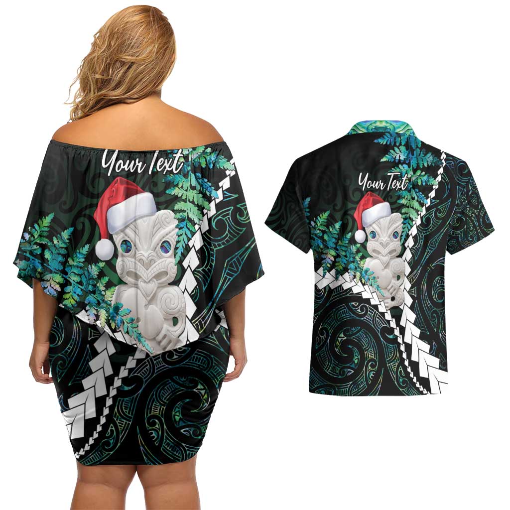 New Zealand Personalised Couples Matching Off Shoulder Short Dress and Hawaiian Shirt Meri Kirihimete Kowhaiwhai Mix Paua Shell - Emerald