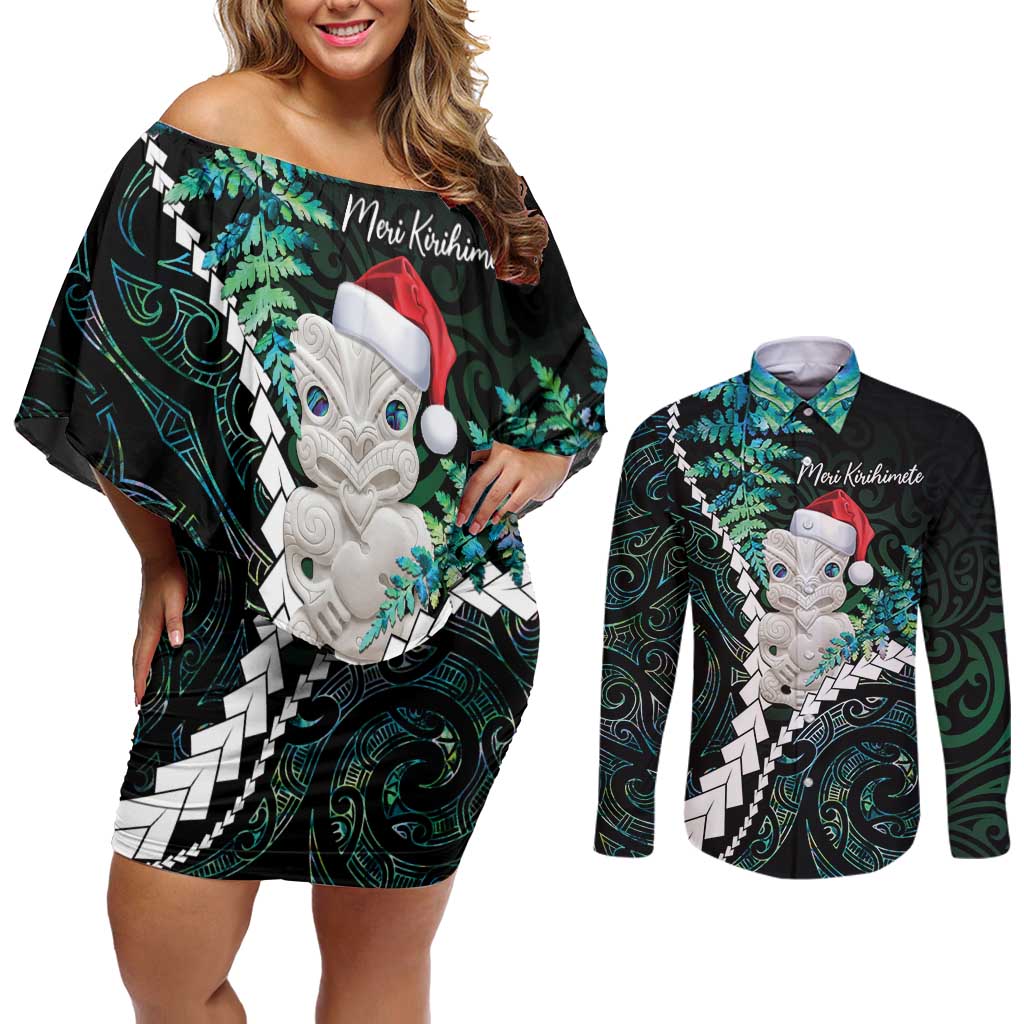 New Zealand Personalised Couples Matching Off Shoulder Short Dress and Long Sleeve Button Shirt Meri Kirihimete Kowhaiwhai Mix Paua Shell - Emerald