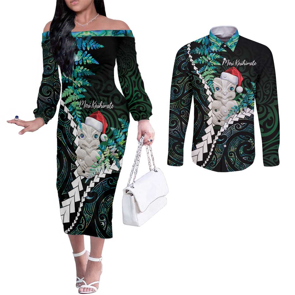 New Zealand Personalised Couples Matching Off The Shoulder Long Sleeve Dress and Long Sleeve Button Shirt Meri Kirihimete Kowhaiwhai Mix Paua Shell - Emerald
