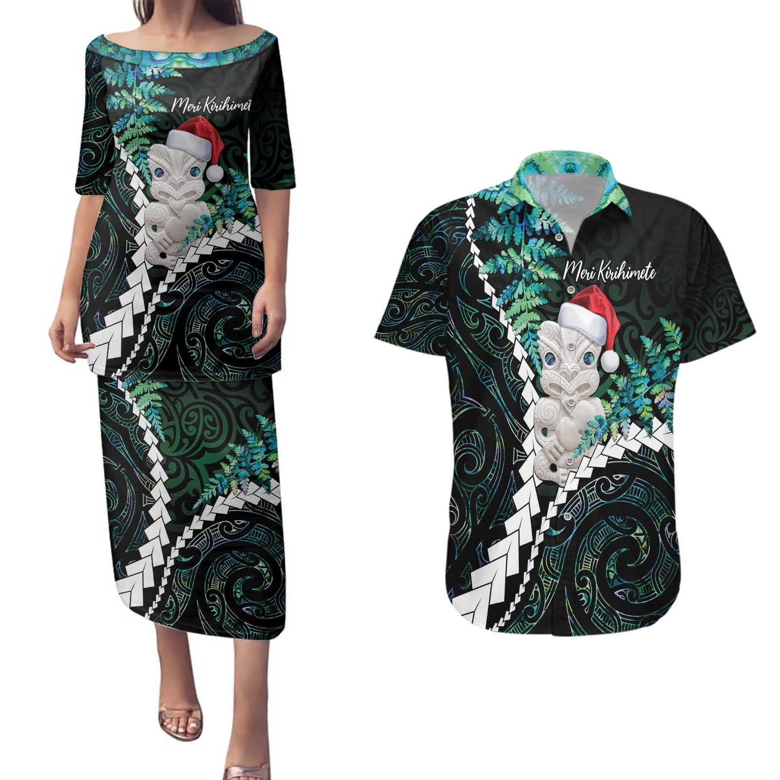 New Zealand Personalised Couples Matching Puletasi and Hawaiian Shirt Meri Kirihimete Kowhaiwhai Mix Paua Shell - Emerald