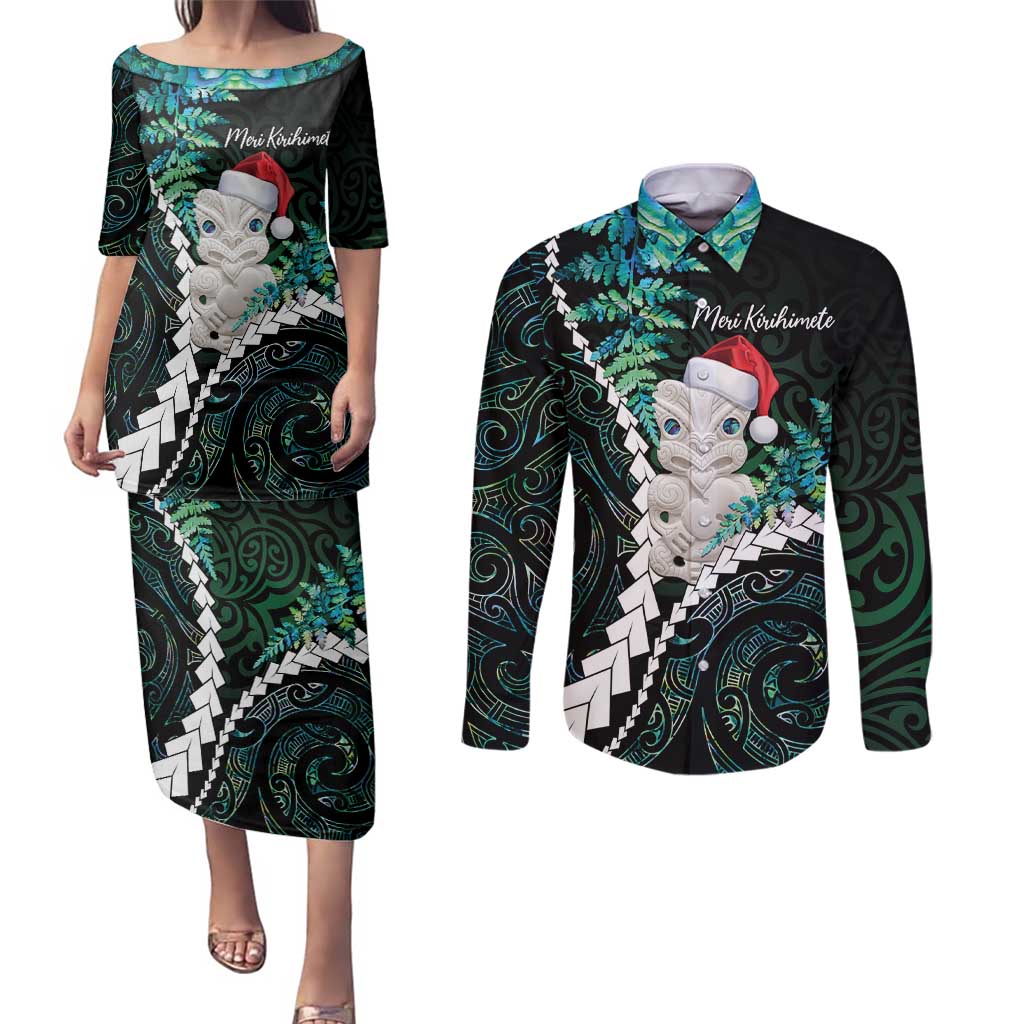New Zealand Personalised Couples Matching Puletasi and Long Sleeve Button Shirt Meri Kirihimete Kowhaiwhai Mix Paua Shell - Emerald