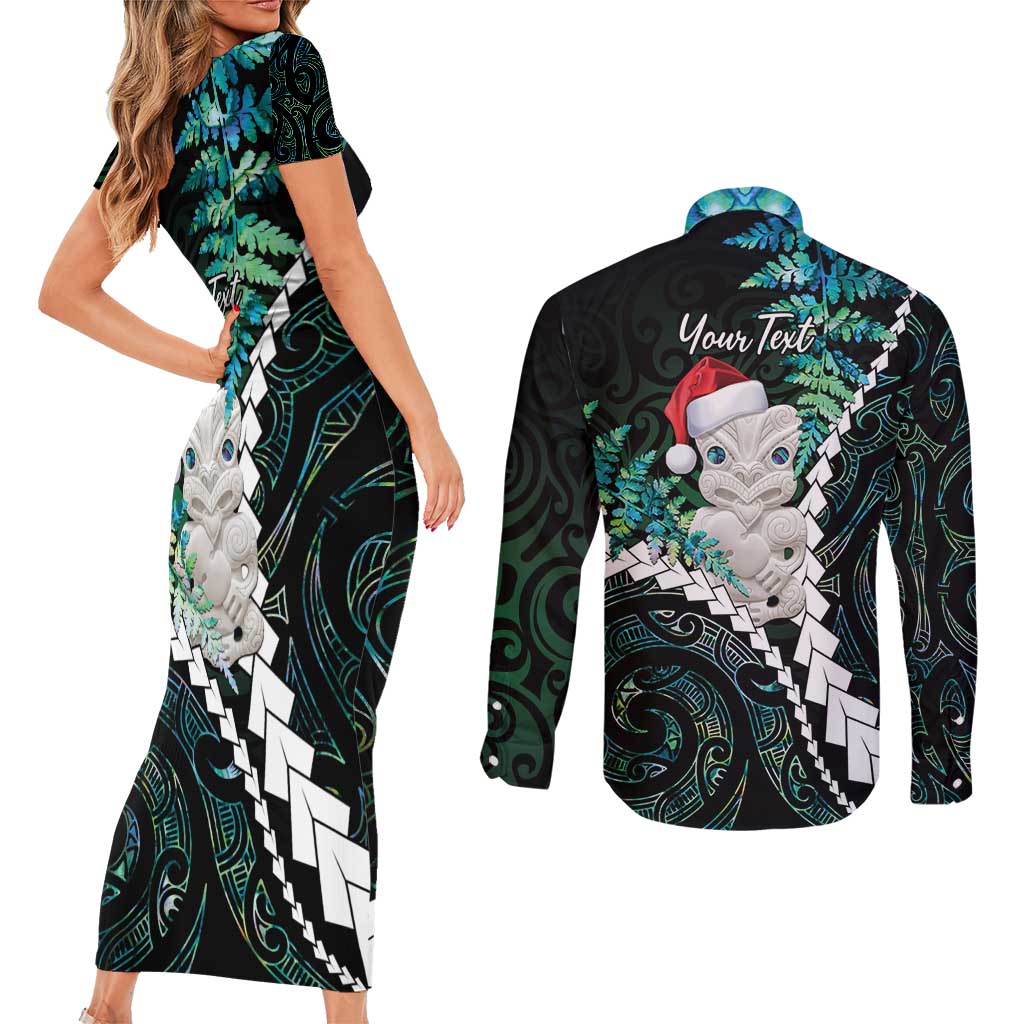 New Zealand Personalised Couples Matching Short Sleeve Bodycon Dress and Long Sleeve Button Shirt Meri Kirihimete Kowhaiwhai Mix Paua Shell - Emerald