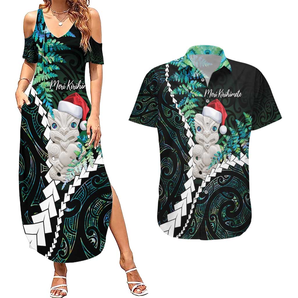 New Zealand Personalised Couples Matching Summer Maxi Dress and Hawaiian Shirt Meri Kirihimete Kowhaiwhai Mix Paua Shell - Emerald