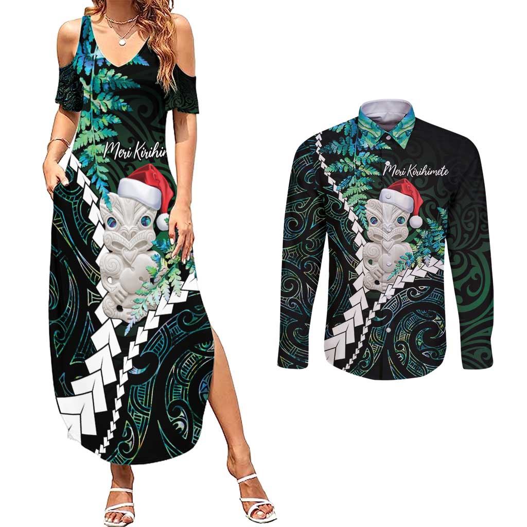 New Zealand Personalised Couples Matching Summer Maxi Dress and Long Sleeve Button Shirt Meri Kirihimete Kowhaiwhai Mix Paua Shell - Emerald