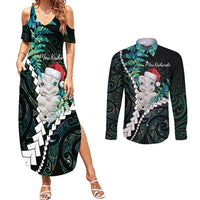 New Zealand Personalised Couples Matching Summer Maxi Dress and Long Sleeve Button Shirt Meri Kirihimete Kowhaiwhai Mix Paua Shell - Emerald