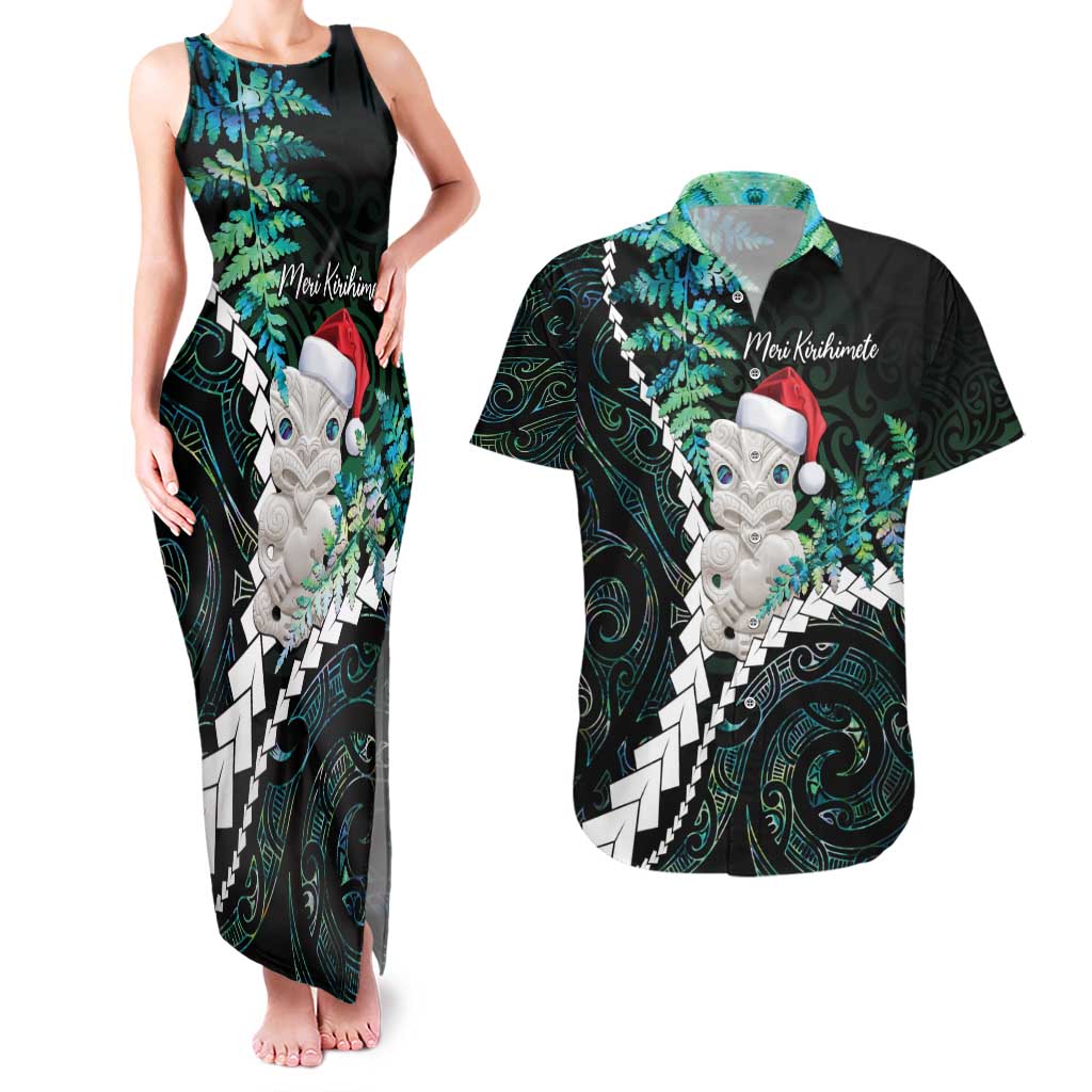 New Zealand Personalised Couples Matching Tank Maxi Dress and Hawaiian Shirt Meri Kirihimete Kowhaiwhai Mix Paua Shell - Emerald