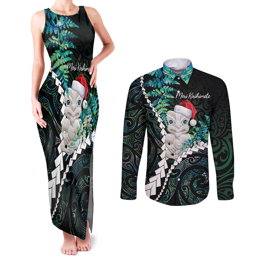 New Zealand Personalised Couples Matching Tank Maxi Dress and Long Sleeve Button Shirt Meri Kirihimete Kowhaiwhai Mix Paua Shell - Emerald