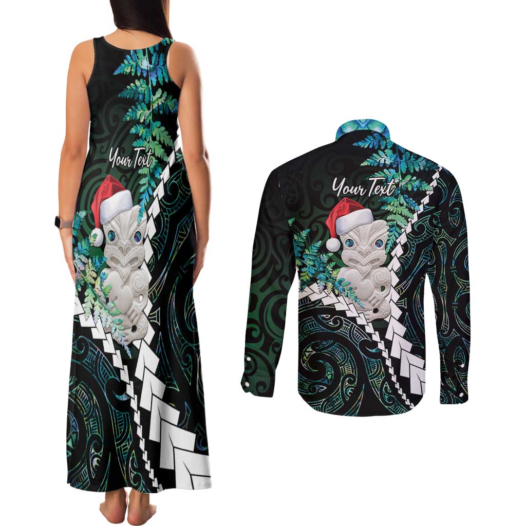 New Zealand Personalised Couples Matching Tank Maxi Dress and Long Sleeve Button Shirt Meri Kirihimete Kowhaiwhai Mix Paua Shell - Emerald