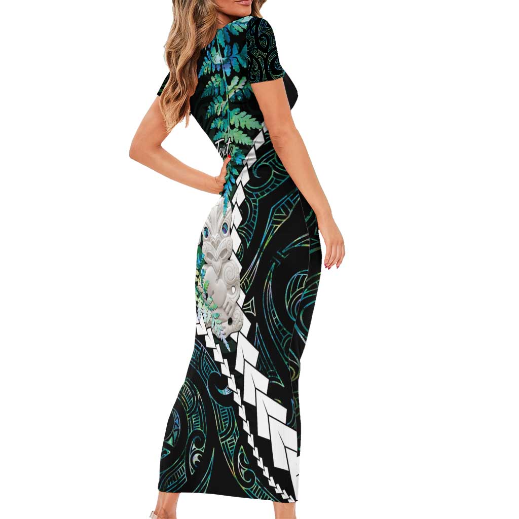 New Zealand Personalised Family Matching Short Sleeve Bodycon Dress and Hawaiian Shirt Meri Kirihimete Kowhaiwhai Mix Paua Shell - Emerald