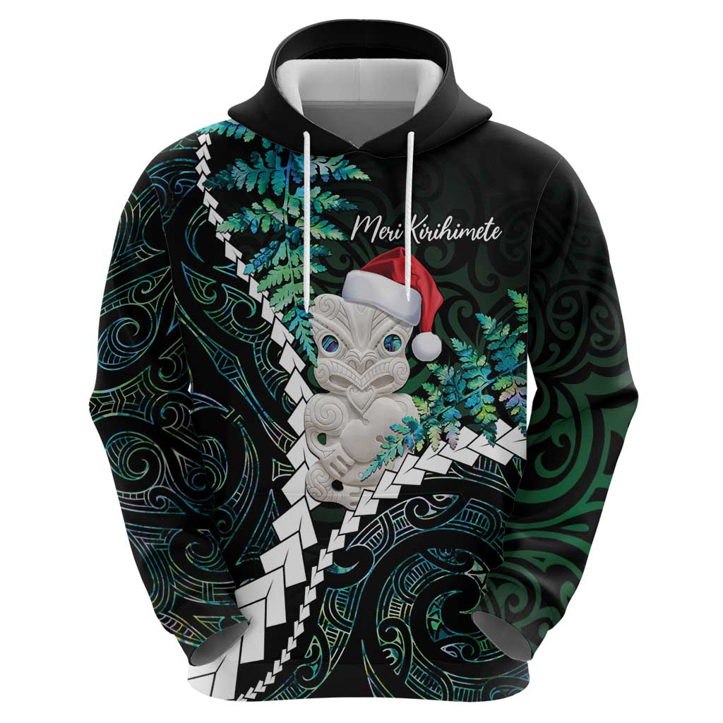 New Zealand Personalised Hoodie Meri Kirihimete Kowhaiwhai Mix Paua Shell - Emerald